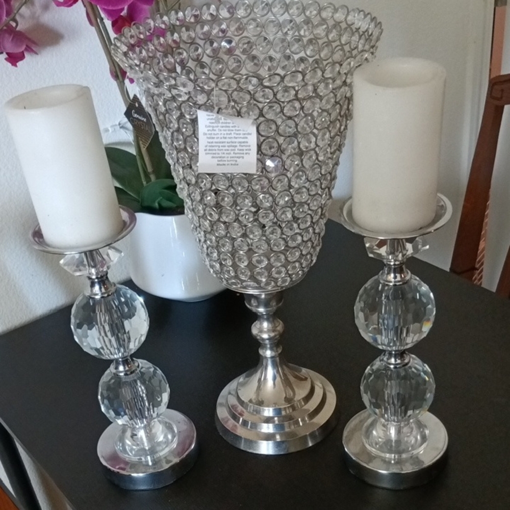 Elegant Silver Crystal Candle Holder Set